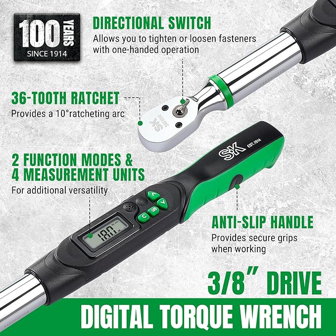 SK 3/8" Drive Digital Torque Wrench, 6.8 to 135 N-M, LED Display, Four Units of Measure & Flash Notification