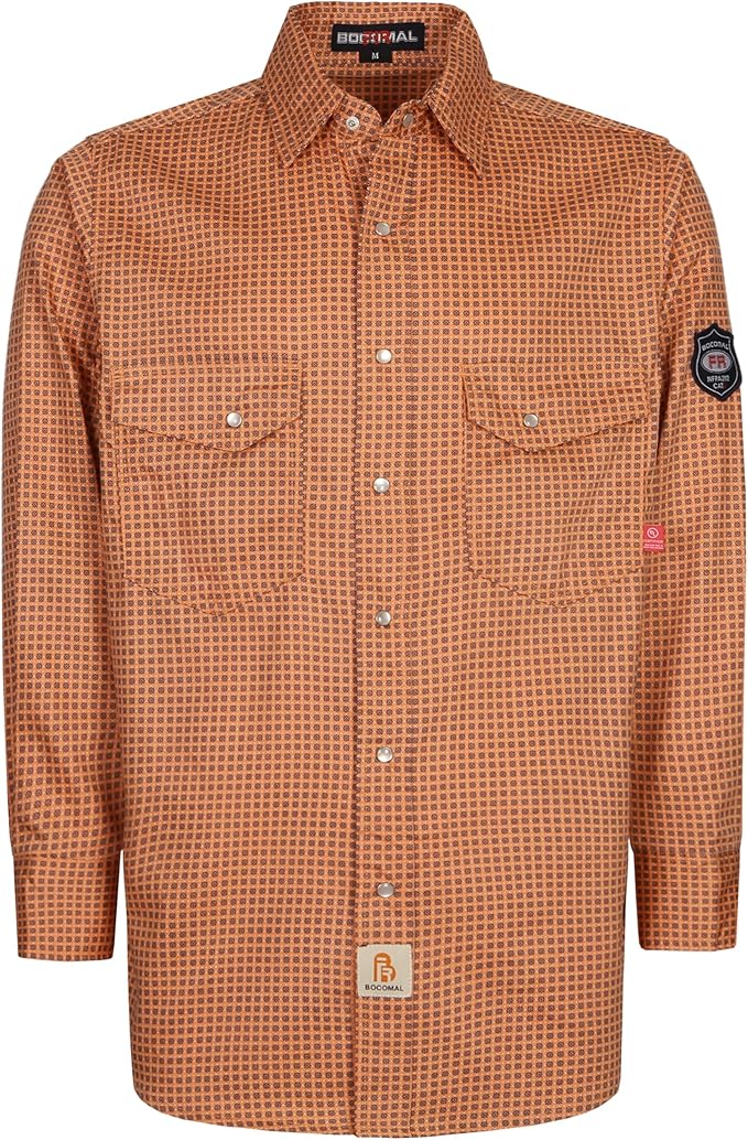 BOCOMAL FR Shirts for Men Printed Plaid Flame Resistant Clothing 6.5oz Cotton Button Up Welding Shirts NFPA2112 CAT2