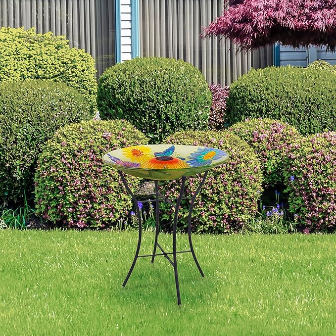 Teamson Home Handpainted Butterfly Fusion Glass Solar Birdbath Bowl Feeder with LED Light for Outdoor Patio Garden Backyard Decking, 21 Inch Height, Yellow