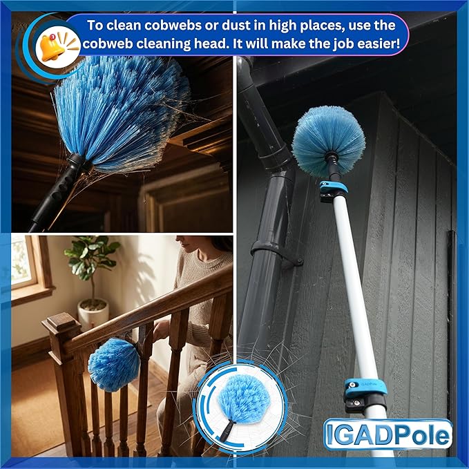 IGADPole 17 FT Water-Fed Cleaning Kit – Extendable Telescopic Pole with Soap-Dispenser, Brush & Cobweb Duster, Adjustable 5-17 FT Handle for Safe High Window, Gutter, Solar Panel & Exterior Cleaning