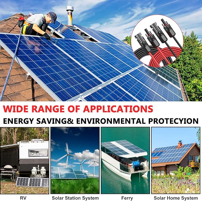 2x50 Feet Solar Panel Extension Cable, 12AWG Solar Cable, Solar Panel Cable with Female and Male Waterproof Connectors for RV, Photovoltaic Systems (50FT Red + 50FT Black)