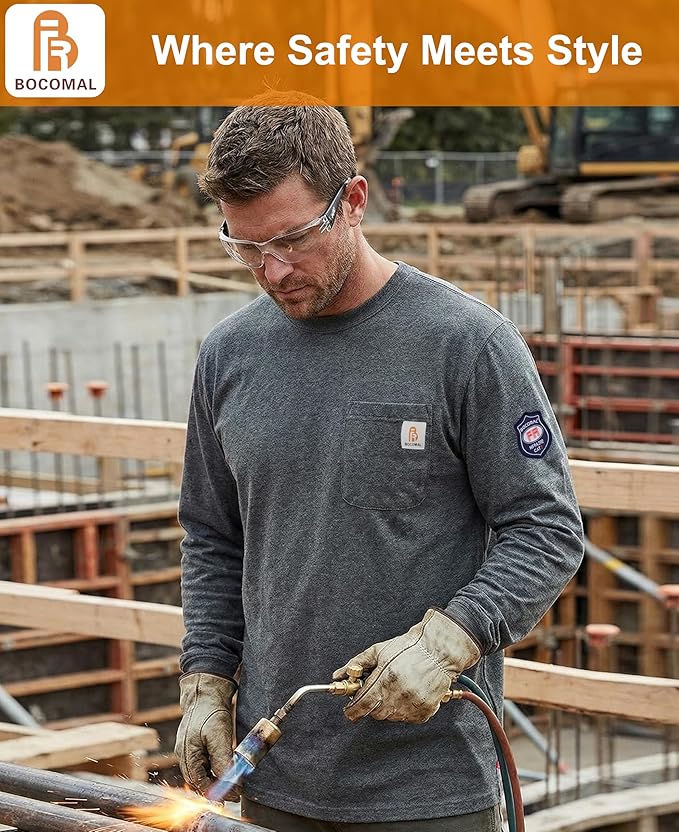 BOCOMAL FR Shirts Crewneck 7oz Midweight Flame Resistant Clothing NFPA2112 CAT2 Men's Fire Retardant Work Shirt