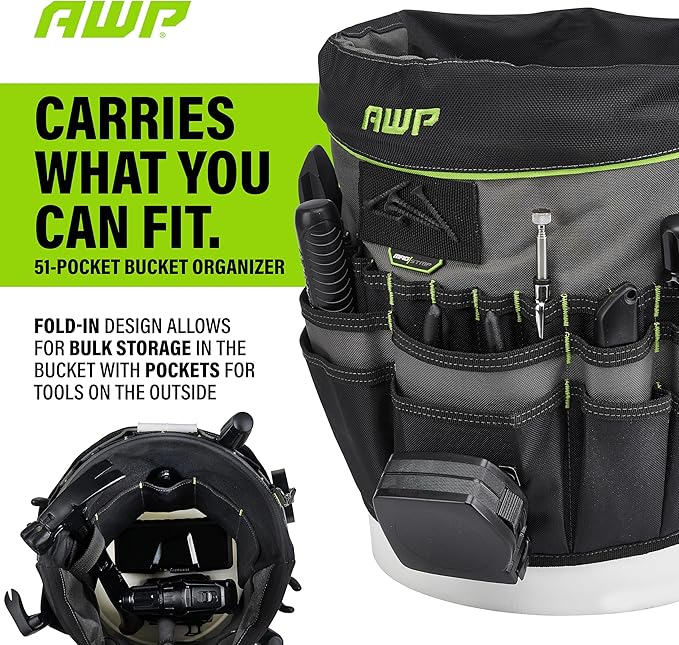 AWP Bucket Tool Organizer 51-Pocket for 5-Gallon Buckets, Water-Resistant Heavy-Duty Utility Tool Bag with Pockets for Tools, Screwdrivers, and Electrical Accessories, 1L-22051-1