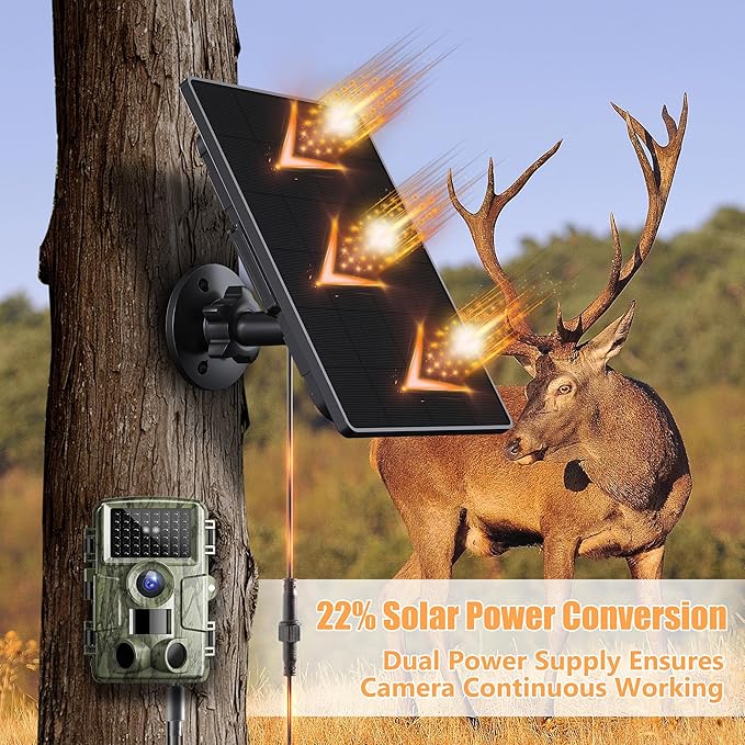 Trail Camera Solar Panel,6W Solar Battery Charger Kit 6V/2A 9V/1.5A 12V/1A with 6000mAh Battery for Hunting Camera,IP65 Waterproof Hunting Accessory,1.7/2.1/1.35mm DC Connectors for Trail Cam