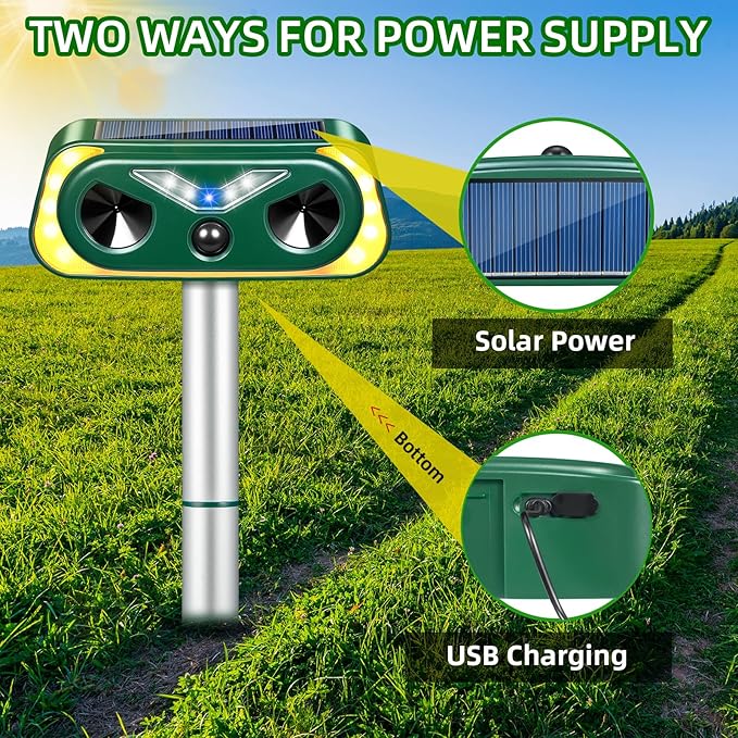 2026 Solar Ultrasonic Animal Repeller Outdoor with Flashing Lights & Motion Sensor,Upgraded Waterproof Animal Deterrent Devices for Deer,Cat,Squirrel,Rabbit,Raccoon,Fox,Skunk Repellent for Yard Garden