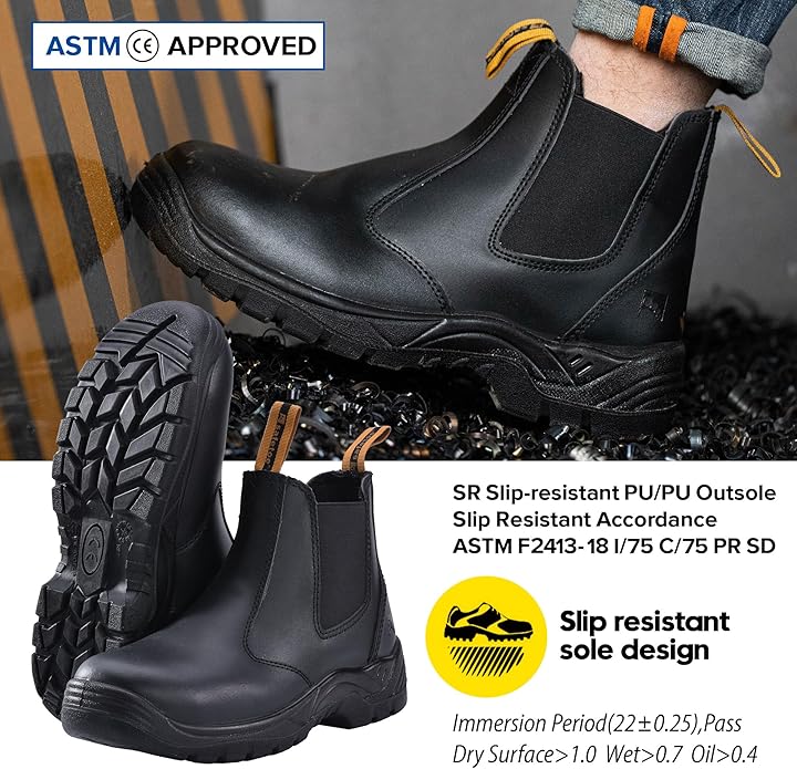 Mens Work Boots Steel Toe Chelsea Safety Boots Cow Leather Waterproof Lightweight Working Shoes