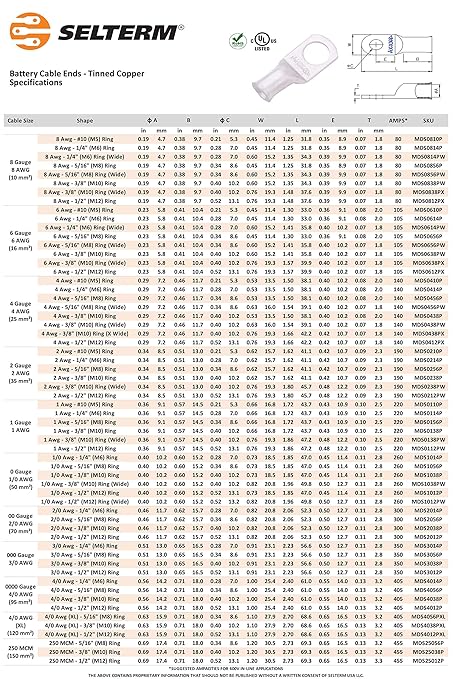 SELTERM 2pcs 4 AWG 5/16" Stud Tinned Copper Wire Lugs, Battery Lugs, Ring Terminals, Battery Cable Ends, 4 Guage Ring Terminal Connectors, UL Marine Grade Electrical Battery Terminal Connectors