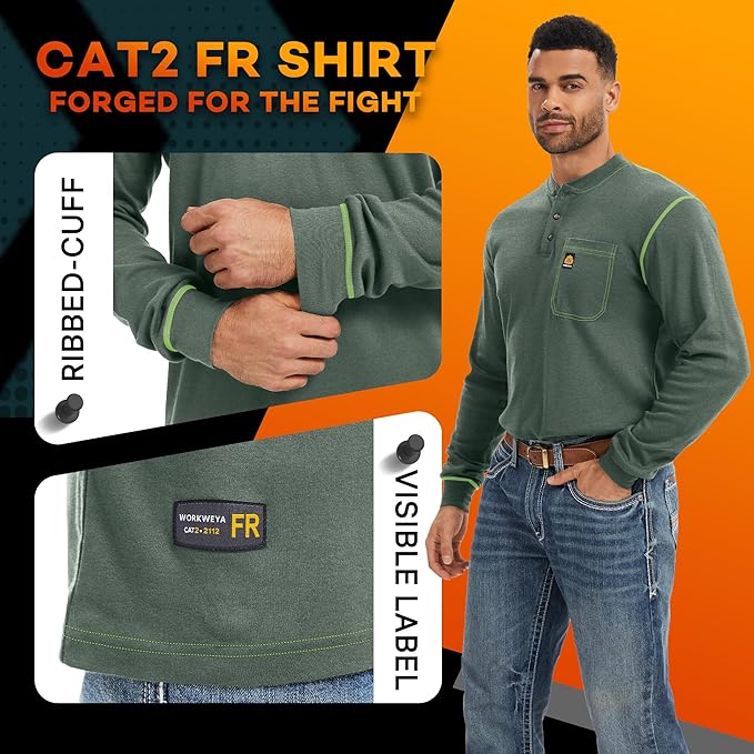 WORKWEYA FR Shirts for Men 6.5 oz Flame Resistant Long Sleeve Henley Shirt NFPA 2112/CAT2