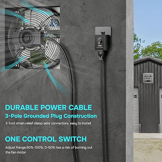 Simple Deluxe 20 Inch Wall Mounted Shutter Exhaust Fan with Speed Controller and Power Cord Kit, Aluminum, 1200 RPM, 3368 CFM, for Attic, Garage, Louvered Vent, Plant, Greenhouse, Silver