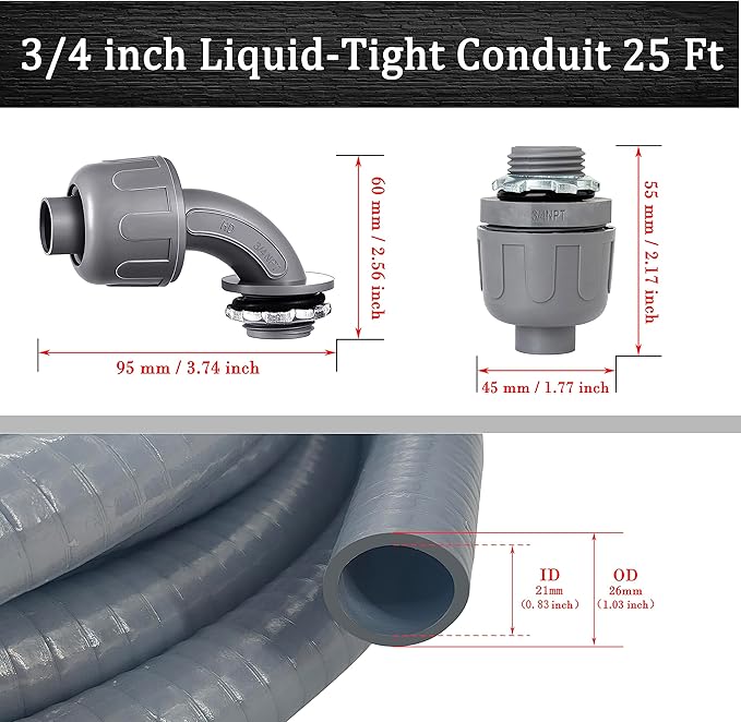 Liquid-Tight Conduit - 3/4inch 25 Foot Flexible Non Metallic Liquid Tight Electrical Conduit Kit, With 4 Straight and 3 90-Degree Conduit Connector Fittings.3/4" Dia