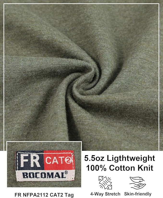 BOCOMAL FR Shirts for Men 5.5oz Lightweight Long Sleeve Work Henley Fire Resistant Shirt CAT2