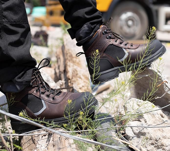 MWORK 6" Work Boots For Men Leather ASTM F2413-18 Composite Safety Toe EH Rated Arch Support Anti Fatigue