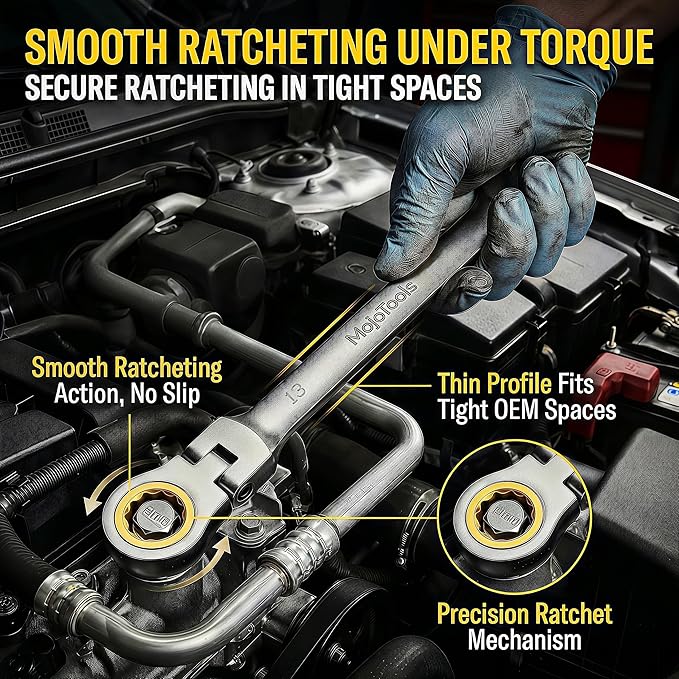 13mm Flex-Head Ratcheting Combination Wrench, Metric Standard, 72-Tooth 12-Point Ratchet Box End & Open-End Spanner, CR-V Steel, Nickel-Plated for Durability