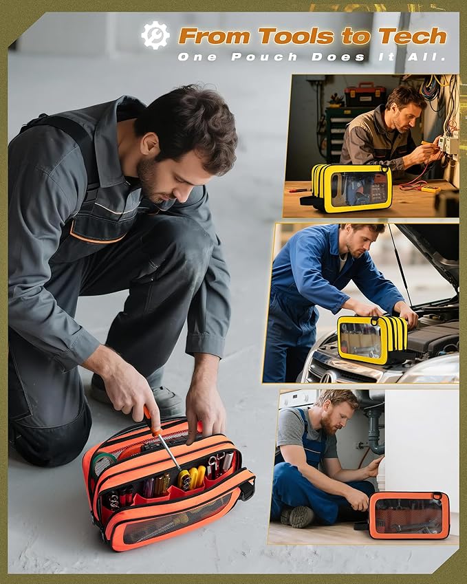 2 Pack Tool Pouch with Dual Compartments, 12” Tool Bag with Detachable Shoulder Strap, Carry Handle and Translucent Window, Orange-red/Yellow