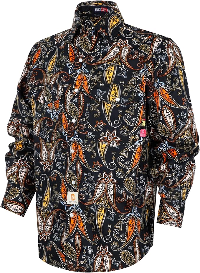 BOCOMAL FR Shirts for Men Printed Plaid Flame Resistant Clothing 6.5oz Cotton Button Up Welding Shirts NFPA2112 CAT2