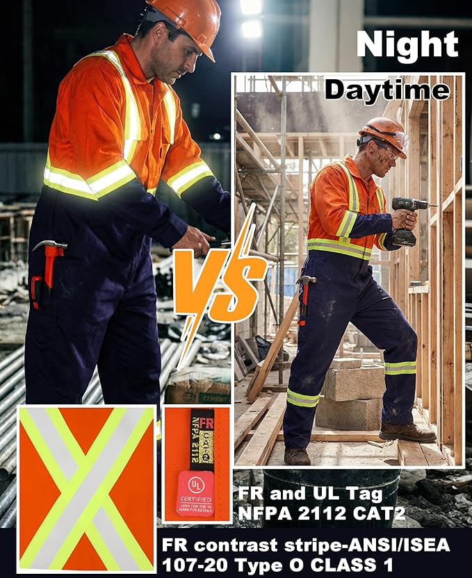 BOCOMAL FR Coveralls Men High Visibility 7.5oz Cotton Twill Flame Resistant Fire Retardant Work Coverall NFPA2112 HRC2