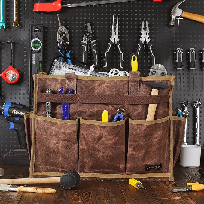 Tool Bag, Heavy Duty 16oz Waxed Canvas Water-Resistant Tool Pouches, Tool Tote with Handle for Tools, Wrenches, Screwdrivers (16.5 X 7 X 12 inch) | Brown