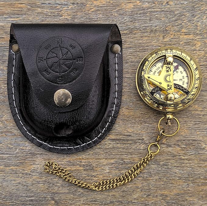 Brass Antique Sundial Compass with Leather Case | Push Button 5 Cm Dia Antique Finish Vantage Compass with Long Chain | Birthday Gift, Baptism Compass