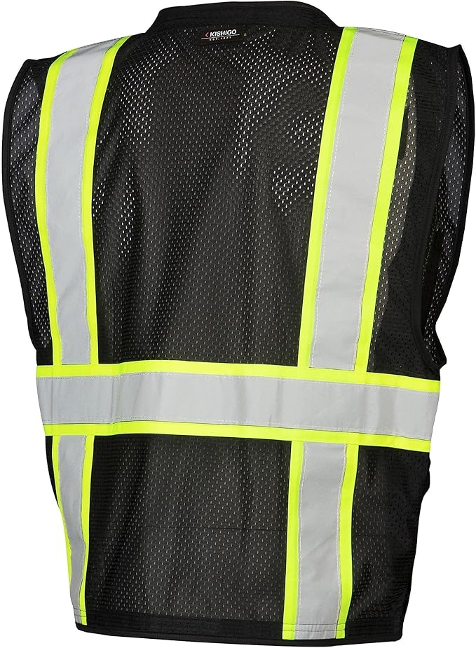 Kishigo Black Enhanced Visibility Men's Vest B100, Multi Pocket Mesh Hi-Vis Vest, Ultra-Cool Polyester, 6 Pockets, Zipper