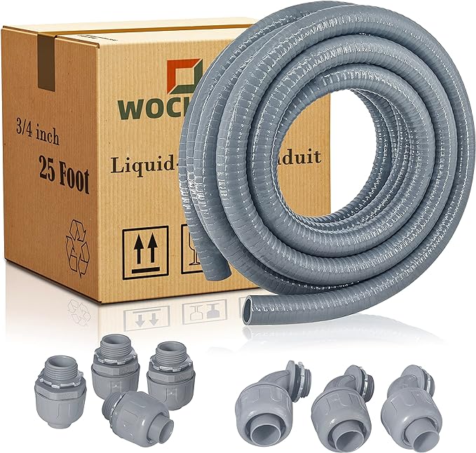 Liquid-Tight Conduit - 3/4inch 25 Foot Flexible Non Metallic Liquid Tight Electrical Conduit Kit, With 4 Straight and 3 90-Degree Conduit Connector Fittings.3/4" Dia