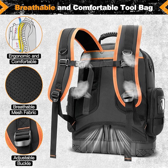 Tool Bag Backpack, 75 Pockets & Loops Heavy Duty Tools Organizer Bags/HVAC Tool Carrier for Eelectrician/Construction Work with Molded Base and Combination Lock, Large, Black and Orange