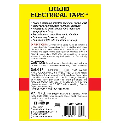 STAR BRITE Liquid Electrical Tape - Superior Adhesion & Flexible Protection for Frayed Cables, Terminals & Electric Splices - Red - 32 OZ (084135)