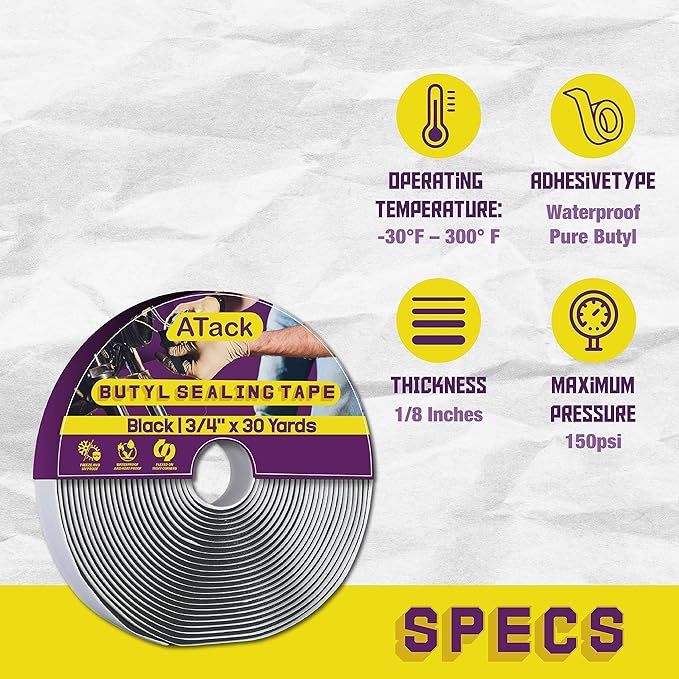 ATack Black Butyl Seal Tape 1/8-Inch x 3/4-Inch x 30-Foot Leak Proof Putty Tape for RV Repair, Window, Boat Sealing, Glass and EDPM Rubber Roof Patching