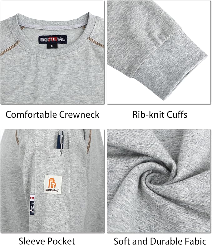 BOCOMAL FR Shirts Heather Series 6oz Flame Resistant T Shirt NFPA2112 CAT2 Fire Retardant Crew Work Shirt