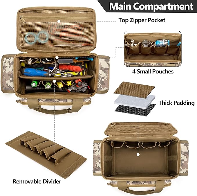 Small Tool Bag with Anti-friction and Thick Padded Bottom, Tool Storage Organizer for Men, Tactical Range Bag, Multi-functional Work Bag for Repairman, Electrician, Carpenters (Camo)
