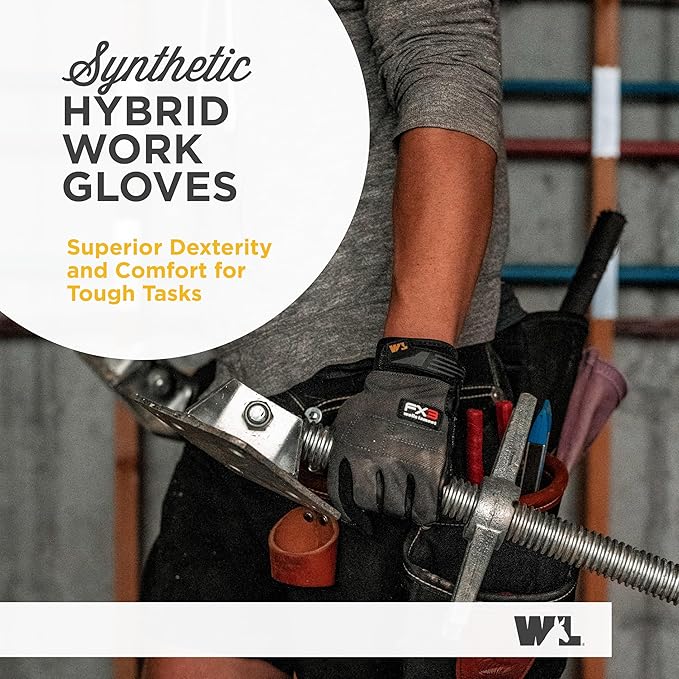 Wells Lamont Men's FX3 Extreme Dexterity Work Gloves – Padded, Ergonomic Work Gloves, Touchscreen Compatible – Heavy Duty Synthetic Leather with Reinforced Fingertips and Adjustable Fit – Gray - XXL
