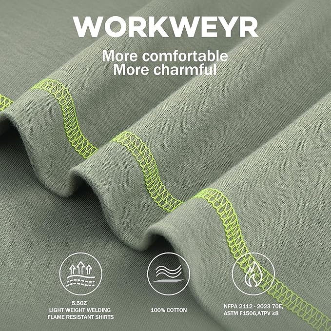 WORKWEYA FR Shirts for Men 5.5OZ Light Weight Welding Flame Resistant Shirts NFPA2112 CAT2