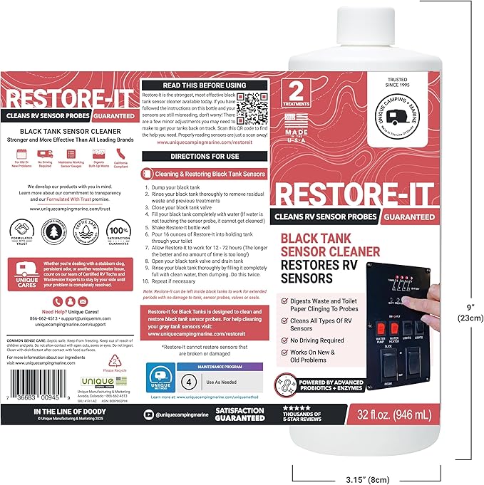 Unique Restore-It RV Sensor Cleaner Liquid – Cleans Dirty Sensor Probes for Misreading RV Black Tank Sensors – 2 Treatments Per Bottle, 32 oz (2-Pack)