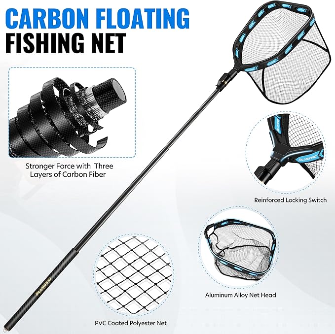 PLUSINNO Floating Fishing Net with Telescoping Handle, Carbon Fiber Ultralight Long Fish Net, Collapsible Landing Net 6.56/7.86Ft, Fishing Gear Kayak Accessories for Bass Trout Salmon
