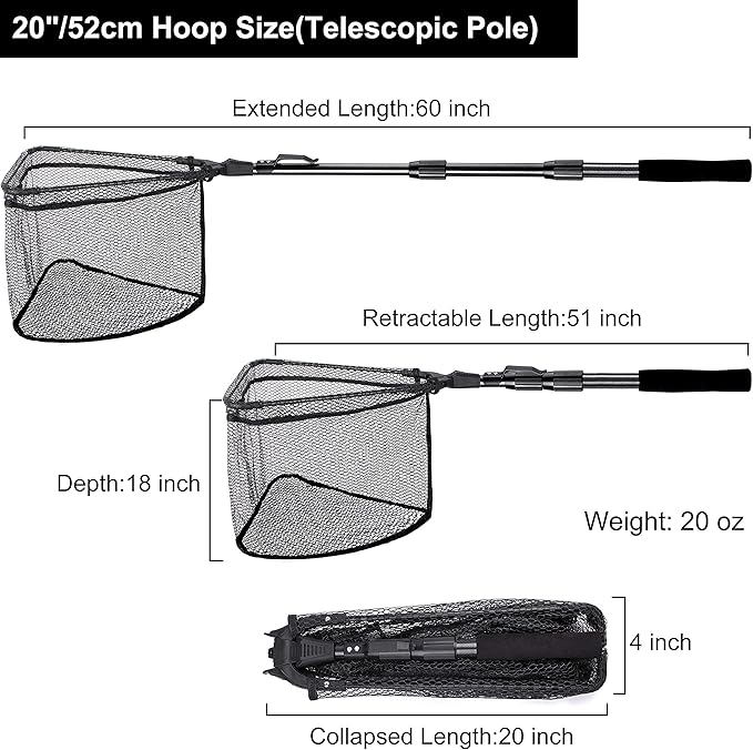 PLUSINNO Fishing Net Fish Floating Landing Net, Kayak Nets with Fixed Foldable Telescopic Pole Handle, Bass Trout Fishing Nets with Nylon Mesh for Pond Lake River, Fishing Gear Gifts for Men Anglers