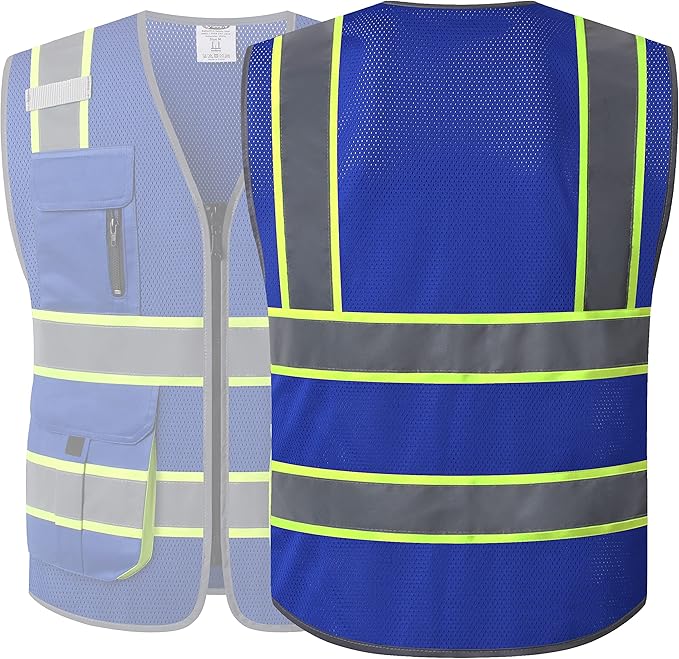 JKSafety 9 Pockets Hi-Vis Mesh Safety Vest for men and women | Chaleco reflectante de seguridad | Zipper Front | Multiple Pockets | Class 1 (140-Blue XXL)