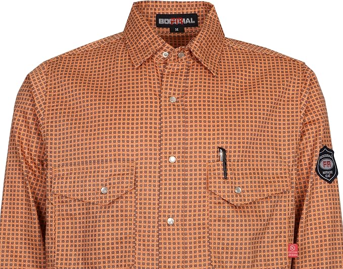 BOCOMAL FR Shirts for Men Printed Plaid Flame Resistant Clothing 6.5oz Cotton Button Up Welding Shirts NFPA2112 CAT2
