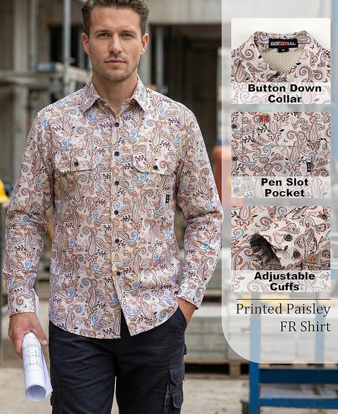 BOCOMAL FR Shirt for Summer Lightweight Vented Mesh Back and Underarm Breathable Flame Resistant Welding Button Down Shirts