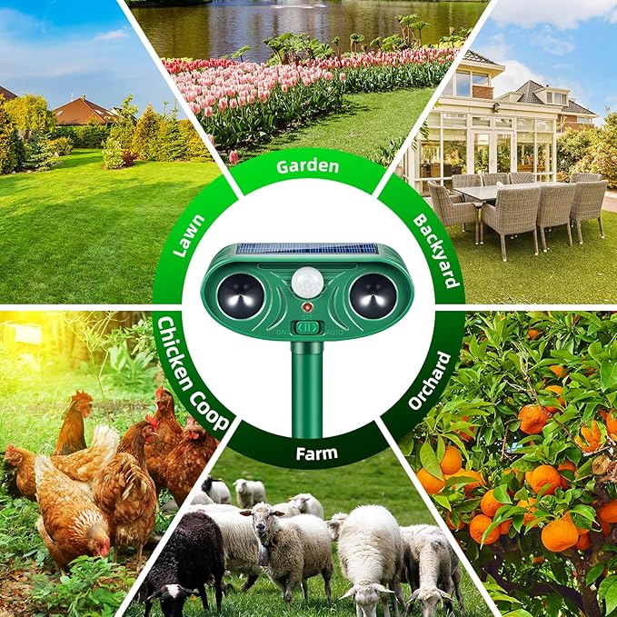 2026 Solar Animal Repellent Outdoor&Cat Repellent Outdoor with Motion Deer Repellent Devices Ultrasonic Cat Deterrent Fox Raccoon Squirrel Rabbit Coyote Deterrent for Farm Orchard Garden 2 Pack