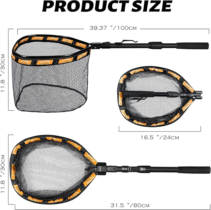 PLUSINNO Fishing Net Fish Floating Landing Net, Kayak Nets with Fixed Foldable Telescopic Pole Handle, Bass Trout Fishing Nets with Nylon Mesh for Pond Lake River, Fishing Gear Gifts for Men Anglers