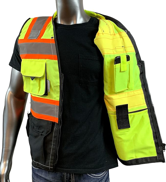 C Vest for Mens Safety Vest With Zipper and Utility Pockets Premium Black Series Surveyors Vest (Medium, Yellow/Black)