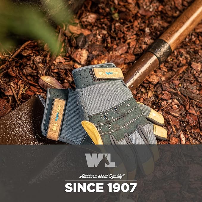 Wells Lamont Men's HydraHyde Work Gloves – Cowhide Leather, Reinforced Fingertips for Durability – Adjustable Velcro Wrist – Ideal for Gardening, Landscaping, Lawn Care – Navy - M