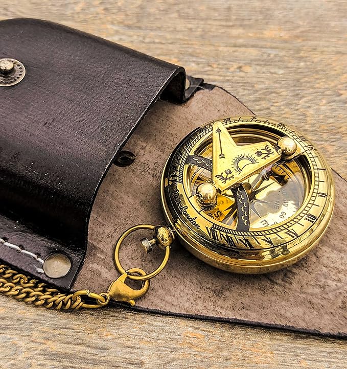 Brass Antique Sundial Compass with Leather Case | Push Button 5 Cm Dia Antique Finish Vantage Compass with Long Chain | Birthday Gift, Baptism Compass