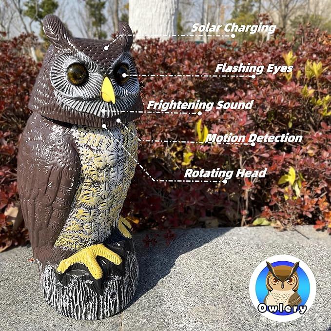Solar Owl Guard with Motion Detector, Flashing Eyes, Spinning Head, Realistic Hooting and Silent Mode, Garden Owl, Outdoor Statue, Decoration for Home, Garden, Patio and Fence