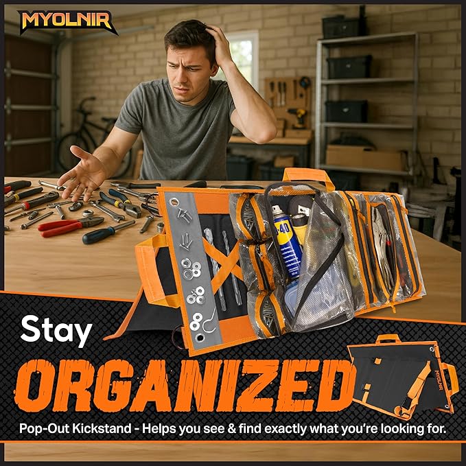 Roll Up Tool Bag Organizer With Kickstand - Compact Heavy Duty Motorcycle Tool Roll Bag Organizer - Portable Rollup Toolbag With Magnetic Panels & Transparent Pockets - Mechanic & Electrician