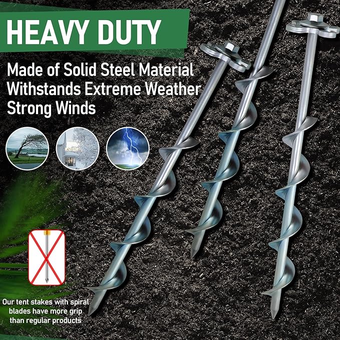 Ground Anchors Screw in – 8 Pack Spiral Tent Stakes heavy duty with Drill Socket & T-Handle, 12 Inch Trampoline Anchor with Hook & Ring Design for Tents, Sheds, Canopies, Swing Sets, Gazebo(8)