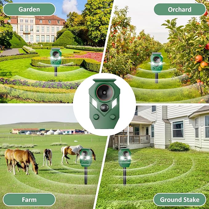 2-Pack Solar Powered Ultrasonic Animal Repeller, Outdoor Waterproof Deer Squirrel with Motion-Activated Sensor Strobe Light, for Cats, Raccoons, Skunks, Rabbits and More