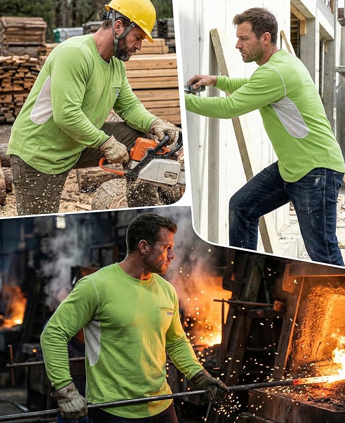 BOCOMAL FR Shirts for Summer Breathable Vented Design 6oz Heather Jersey Flame Resistant Long Sleeve Crew T Shirt