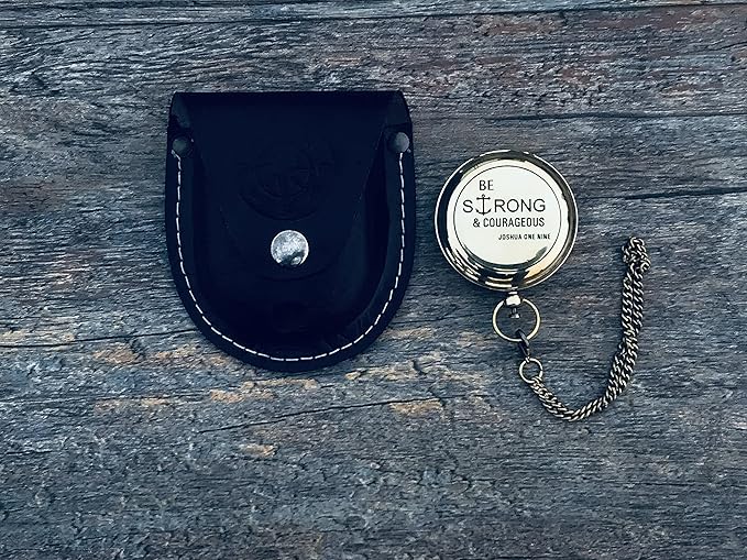 Brass Antique Sundial Compass with Leather Case | Push Button 5 Cm Dia Antique Finish Vantage Compass with Long Chain | Birthday Gift, Baptism Compass