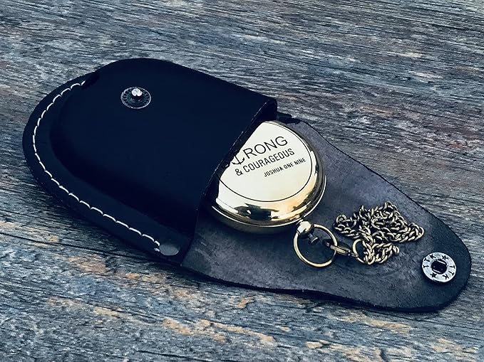 Brass Antique Sundial Compass with Leather Case | Push Button 5 Cm Dia Antique Finish Vantage Compass with Long Chain | Birthday Gift, Baptism Compass