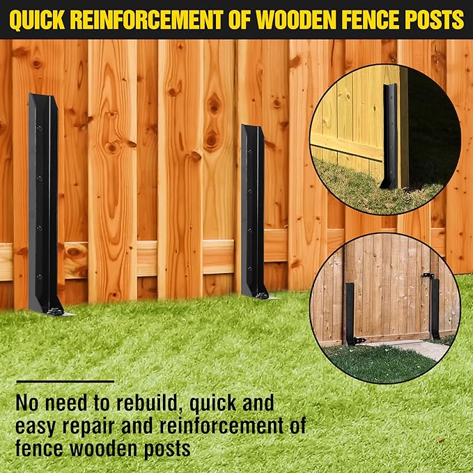 Heavy Duty Steel Fence Post Repair Stakes with Ground Anchor Screw in, Fix Anchors Ground Spike for Fence Posts, Repair Tilted/Broken Wood Posts (Black - 4 Pcs)